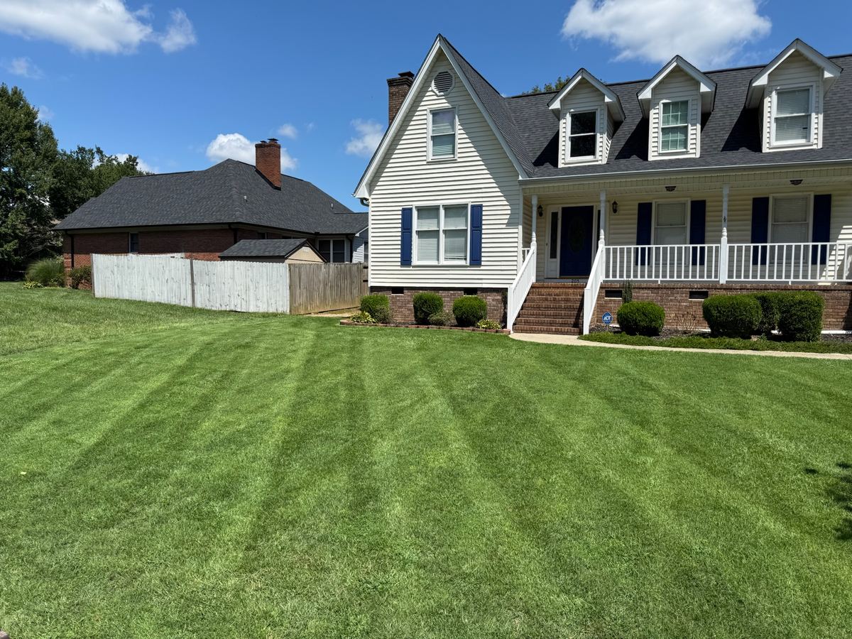 A front lawn cut with clean mowing stripes running up to a white house.
